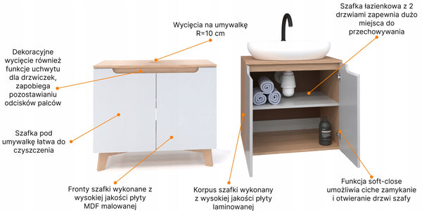 Szafka pod umywalkę biała dwudrzwiowa 80 x 45 x 70 cm dąb słoneczny, biały 12