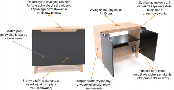 Szafka pod umywalkę dwudrzwiowa szare 80x45x70 dąb słoneczny wisząca/stojąc 8