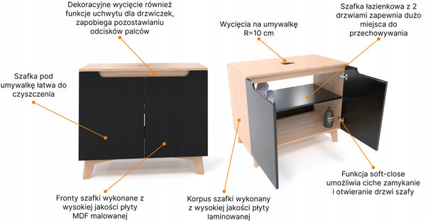 Szafka pod umywalkę dwudrzwiowa czarne 60x45x70 dąb słoneczny wisząca/stoją 9