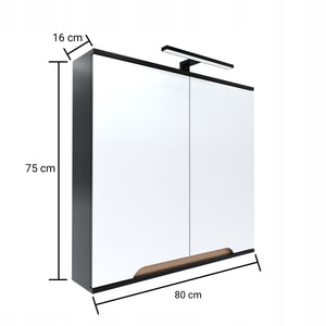 Szafka z lustrem dwudrzwiowa 80x16x75 czarny/dąb, lampa LED 40cm, Omeble 2