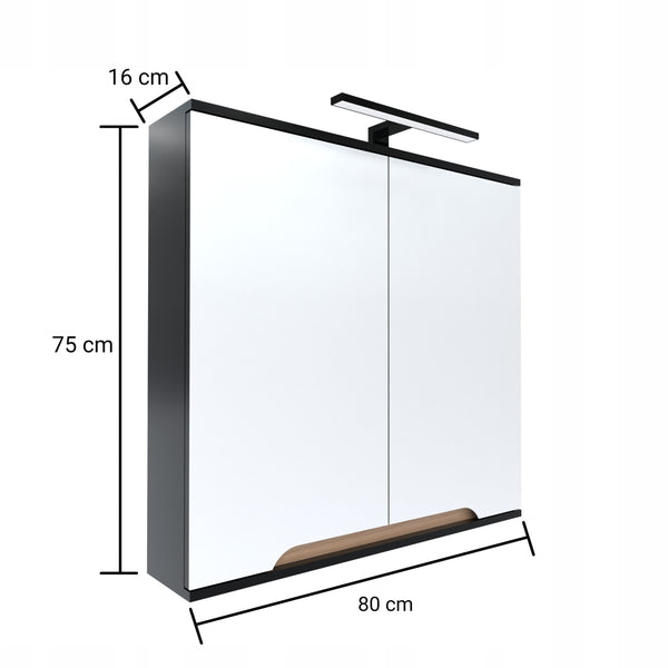 Szafka z lustrem dwudrzwiowa 80x16x75 czarny/dąb, lampa LED 40cm, Omeble 2