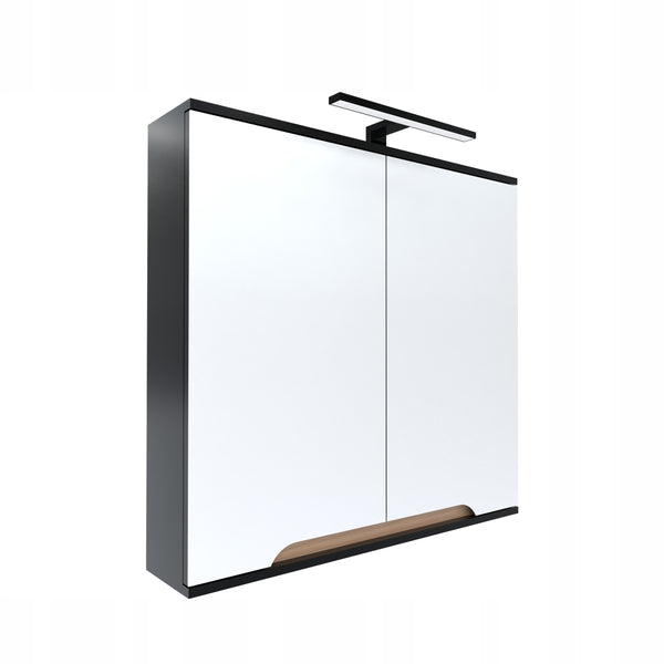 Szafka z lustrem dwudrzwiowa 60x16x75 czarny/dąb, lampa LED 40cm, Omeble