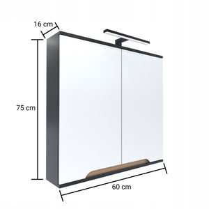Szafka z lustrem dwudrzwiowa 60x16x75 GRAFIT/dąb, lampa LED 40cm, Omeble
