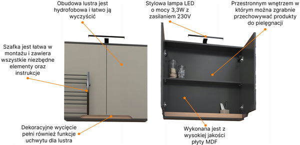 Szafka z lustrem dwudrzwiowa 60x16x75 GRAFIT/dąb, lampa LED 40cm, Omeble 6