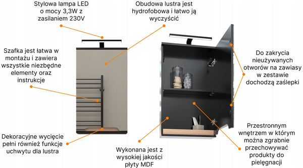 Szafka z lustrem czarna 45x16x75 czarny/dąb LED Omeble 12
