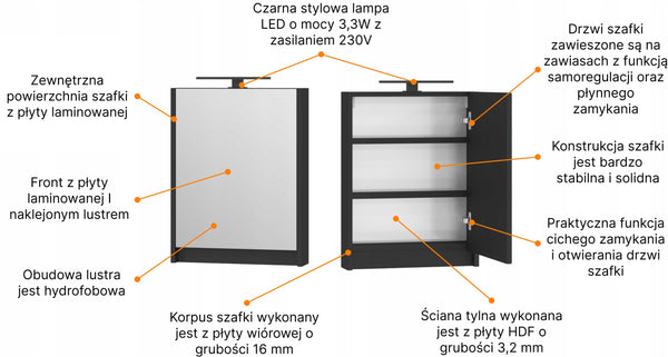 Szafka łazienkowa 40 z lustrem i LED czarny półmat Omeble 12