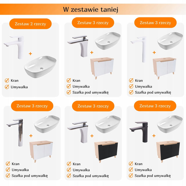 Umywalka nablatowa 60x38x14 biała owalna zaokrąglona ceramiczna Omeble 8