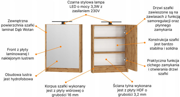 Szafa, szafka wisząca 50 cm Dąb Wotan z lustrem, OMEBLE 14