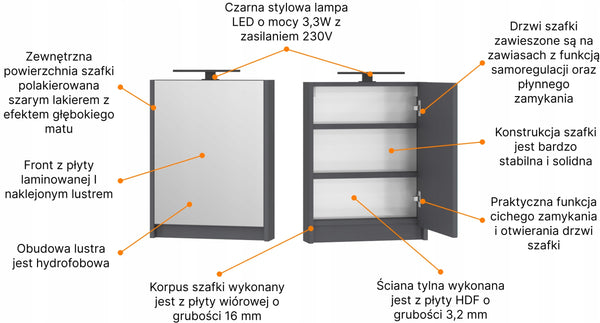 Szafa szafka łazienkowa wisząca z lustrem 50 cm antracyt mat. OMEBLE 14