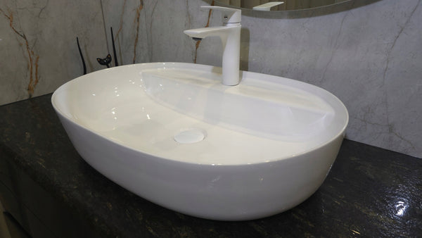 Umywalka nablatowa 60x40x13 biała owalna zaokrąglona ceramiczna Omeble 6
