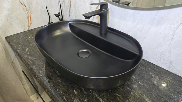 Umywalka nablatowa 60x40x13 Czarny Mat owalna zaokrąglona ceramiczna Omeble 6