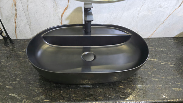 Umywalka nablatowa 60x40x13 Czarny Mat owalna zaokrąglona ceramiczna Omeble 7
