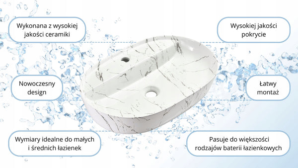 Umywalka nablatowa 60x40x13 MARMUR owalna zaokrąglona ceramiczna Omeble 12
