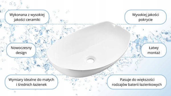 Umywalka nablatowa 55x40x15 biała owalna/MUSZLA ceramiczna Omeble 10