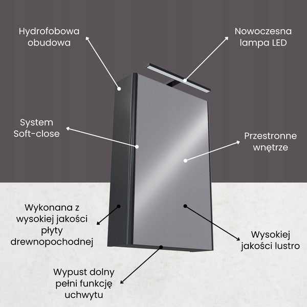 Szafka łazienkowa z lustrem i LED 50 SZARA malowana wysoki połysk OMEBLE 5