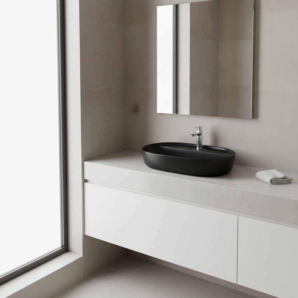 Umywalka nablatowa 60x40x13 Czarny Mat owalna zaokrąglona ceramiczna Omeble