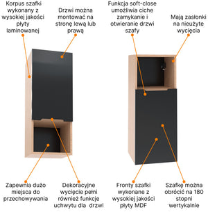 Szafka boczna łazienkowa wisząca szary mat/dąb 75x30x30 7