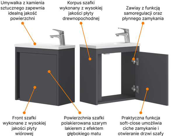 Szafka łazienkowa wisząca z umywalką 50 cm antracyt 12