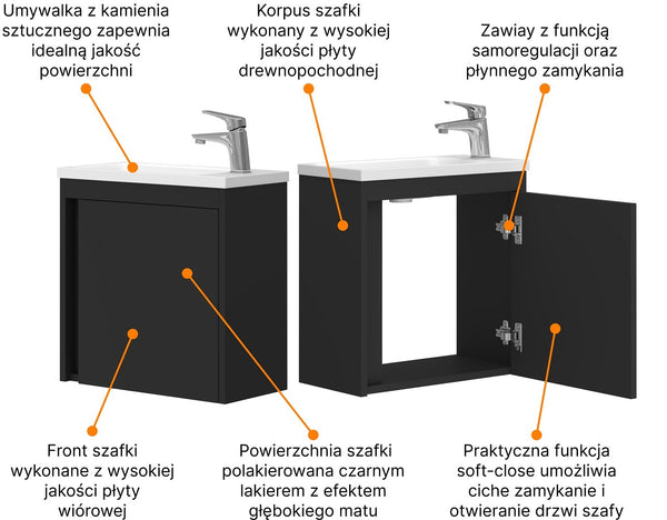Szafka łazienkowa wisząca z umywalką 50 cm czarny mat 14