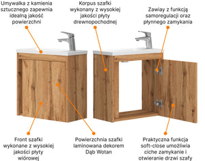Szafka łazienkowa wisząca z umywalką 50 cm dąb wotan 11