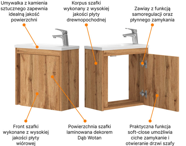 Szafka łazienkowa wisząca z umywalką 50 cm dąb wotan 11