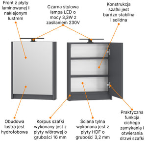 Szafka podwieszane 50 antracyt  z lustrem i lampą LED 9