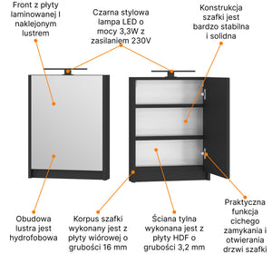 Szafka podwieszane 50 czarny mat z lustrem i lampą LED 9