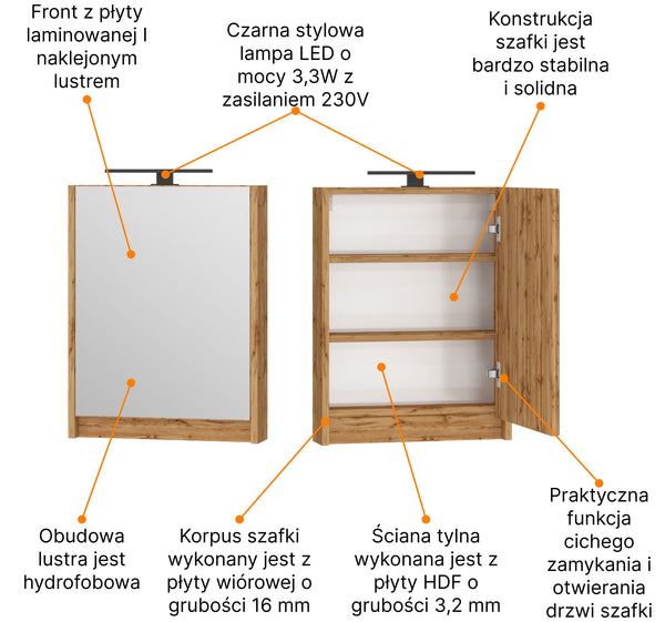 Szafka podwieszane 50 Dąb Wotan z lustrem i lampą LED 9