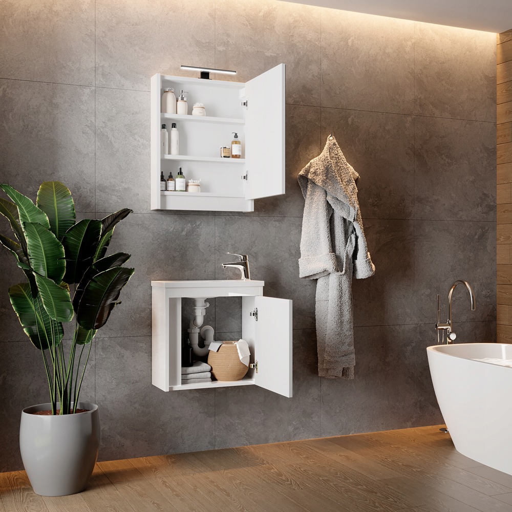 Szafka podwieszane 40 biały połysk lakier z lustrem i lampą LED - obrazek 6